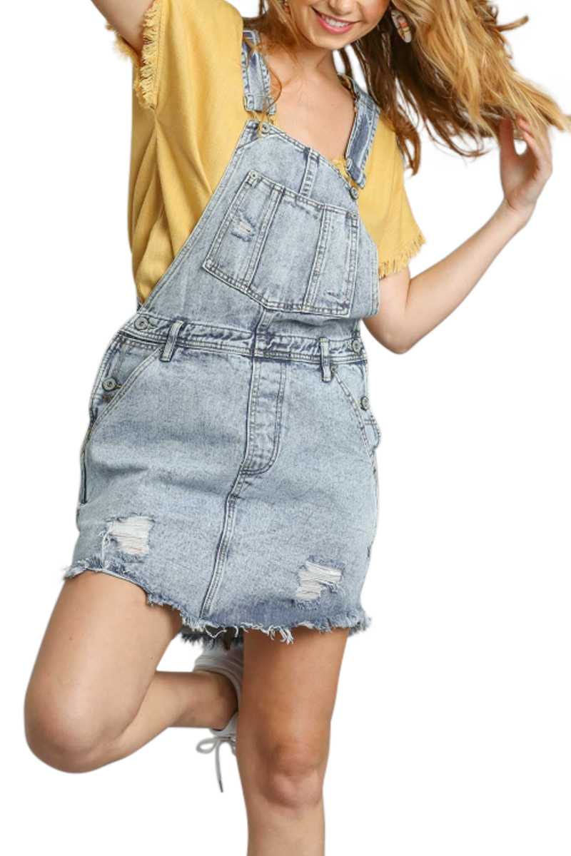 distressed denim overall dress